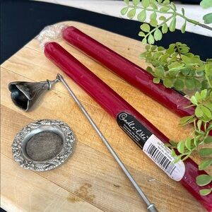 Pewter candle snuffer with plate and two New 10-inch red tapers Vintage snuffer
